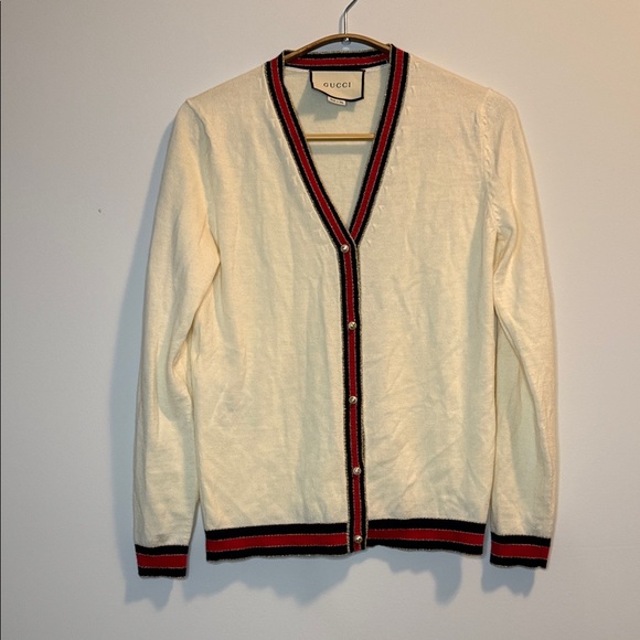 No Label Sweaters - Ivory wool Cardigan with Ebony and Scarlet Trim